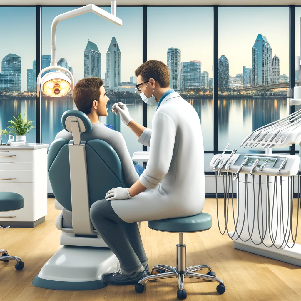 A modern dental clinic in San Diego with a friendly dentist examining a patient's teeth, state-of-the-art dental equipment, and large windows showcasing San Diego's skyline.